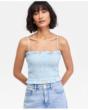 On 34th Linen Blend Smocked Cropped Top - Blue