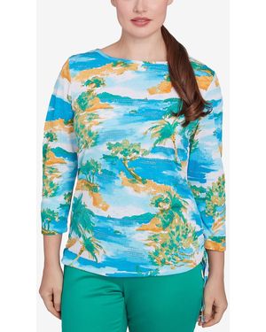 Ruby Rd. Petite Paradise Island Crinkle Knit Top - Blue