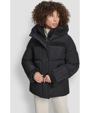 DKNY Detailed Hooded Puffer Coat - Black