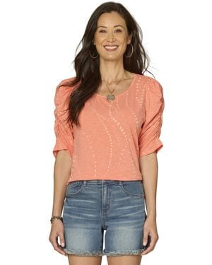 Democracy Petite Printed Ruched-sleeve Scoop-neck Top - Blue