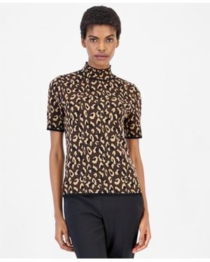 Anne Klein Animal-print Mock-neck Short-sleeve Sweater - Black