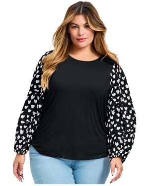 Avenue Plus Size Mix Media Heart Sleeve Top - Black