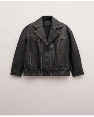 Mango Leather Oversized Buttoned Jacket - Black