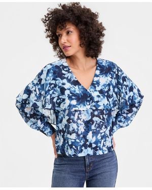 INC International Concepts Long-sleeve Printed Capelet Blouse - Blue