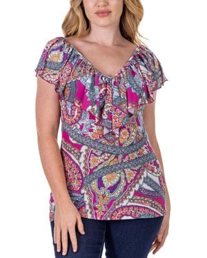 24seven Comfort Apparel Cap Sleeve Print Ruffle V Neck Top - Purple