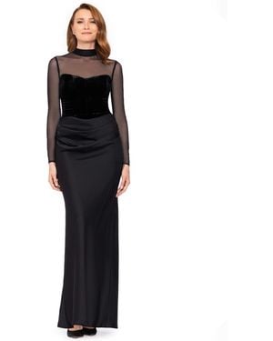 Betsy & Adam Short Scuba Crepe With Drape Back Velvet Long-sleeve Mesh Gown - Black