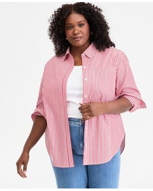 On 34th Trendy Plus Size Striped Cotton Button-front Shirt - Pink