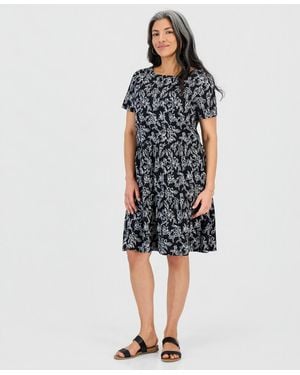 Style & Co. Petite Printed Short-sleeve Tiered Knit Dress - Blue