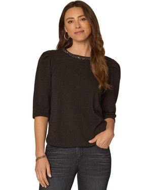 Democracy Petite Scoop-neck Rhinestone Elbow-length Sleeve Blouse - Black