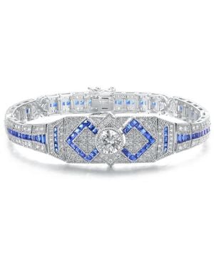 Rachel Glauber White Gold Plated Clear Round And Baguette Cubic Zirconia Link Bracelet - Blue