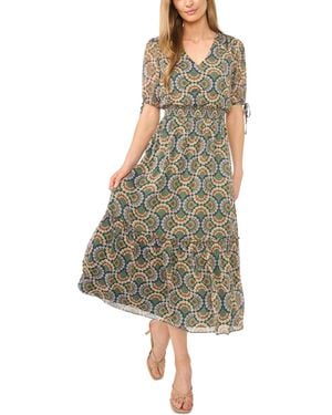 Cece Short-sleeve V-neck Smocked-waist Midi Dress - Multicolor