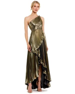 Mac Duggal Pleated Metallic One Shoulder High Low Gown - Green
