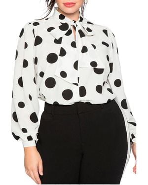 Eloquii Plus Size Printed Tie Neck Blouse - Black