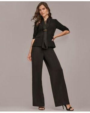 Donna Karan Collarless Jacket Novelty Sleeveless Ombre Top Charmeuse High Rise Wide Leg Pants - Black