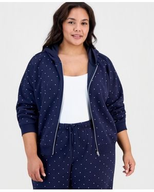 Planet Gold Derek Heart Trendy Plus Size Dot-print Fleece Zip-up Sweatshirt - Blue
