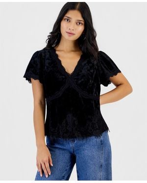 And Now This Petite Velvet Lace-trim V-neck Short-sleeve Blouse - Black
