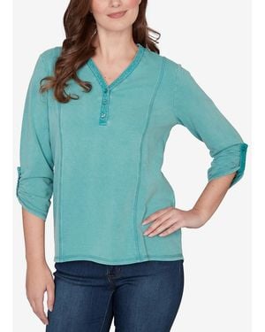 Ruby Rd. Petite Lace Applique French Terry Top - Blue
