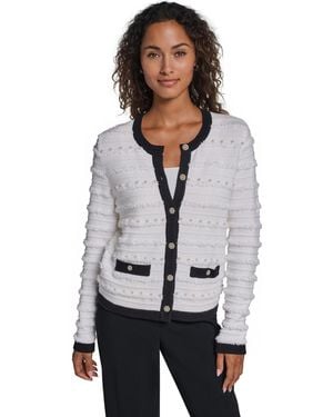 KARL LAGERFELD Embellished Crewneck Cardigan Sweater - Gray