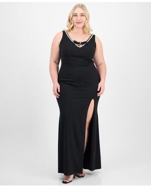 City Studios Trendy Plus Size Rhinestone-trim V-neck Sleeveless Gown - Black