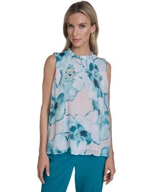 Calvin Klein Textured Ruffle Neck Top - Blue
