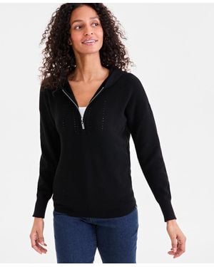 Style & Co. Front-zip Long-sleeve Hoodie Sweater - Black