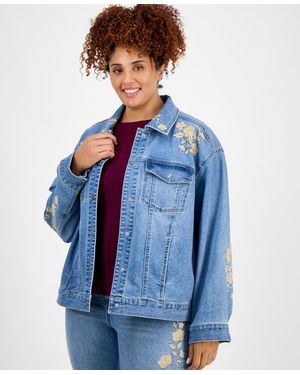 And Now This Trendy Plus Size Floral-embroidered Jacket - Blue