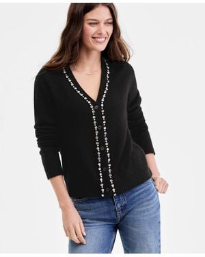 Charter Club 100% Cashmere V-neck Rhinestone Cardigan - Black