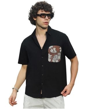 Campus Sutra Chocolate Brown & Obsidian Flora-block Shirt - Black