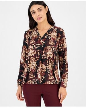 Anne Klein Essentials Petite Split-neck Yoke Long-sleeve Blouse - Red