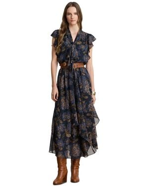 Ralph Lauren Floral Crinkle Georgette Tie Neck Midi Dress - Black