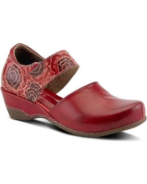 L'ARTISTE Gloss-pansy Hand-painted Floral Leather Round-toe Mary Jane Flats - Red