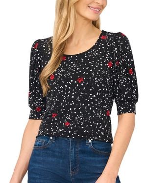 Cece Printed Scoop Neck Shirred Top - Black