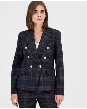 Tahari Double-breasted Plaid Blazer - Blue