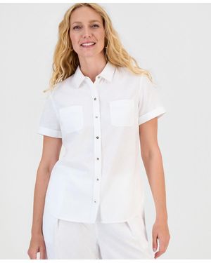Nautica Linen-blend Short-sleeve Point-collar Camp Shirt - White