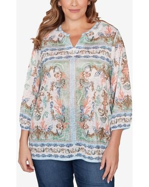 Ruby Rd. Plus Size Ocean Motif Burnout Knit Top - Gray