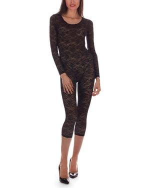 Memoi Estelle Long Sleeve Lace Capri Catsuit - Black
