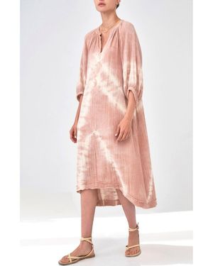 ocean + main Ocean+main Ocean+main Tie Dye V-neck Cotton Gauze 3/4 Sleeve Dress - Pink