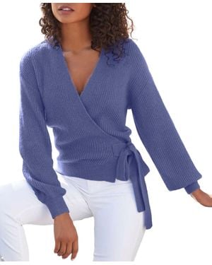 Lascana Ribbed Wrap Balloon-sleeve Sweater - Blue