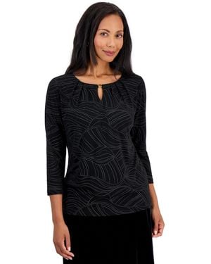 Kasper 3/4 Sleeve Keyhole Neck Swirl Print Pleated Top - Black