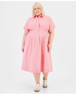 On 34th Trendy Plus Size Pinstriped Pleated-waist Midi Shirtdress - Pink