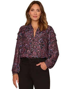 Democracy Stand Collar Printed Ruffle Detail Blouse - Red