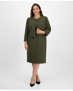 Le Suit Plus Size Open-front Collarless Jacket And Sheath Dress Suit Set - Green