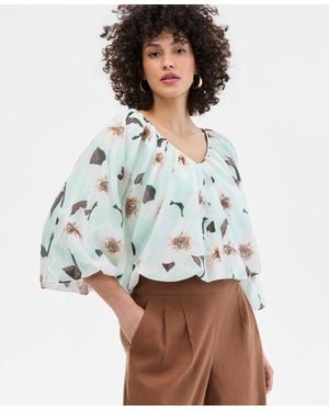 INC International Concepts Printed Puff-sleeve Bubble Blouse - Gray