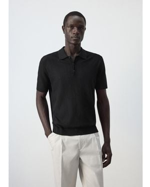 Mango Fine Rib-knit Regular-fit Polo Shirt - Black