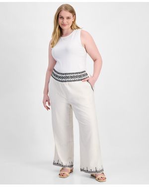 And Now This Trendy Plus Size Embroidered Cotton Wide Leg Pants - White