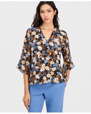 Anne Klein Essentials Petite Floral-print Split-neck Bell-sleeve Top - Blue