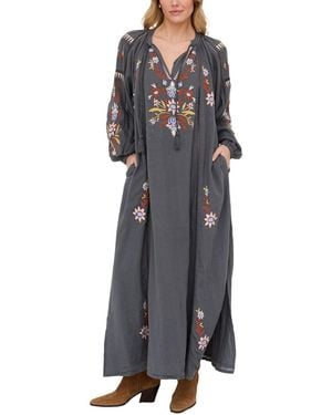 Raffya Elisa Kaftan Style Embroidered Maxi Dress - Gray