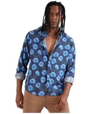 Campus Sutra Ecoliva Indigo Flora Block Shirt - Blue