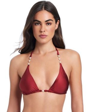 Red Carter Pearls Of Wisdom Classic Triangle Bikini Halter Bra - Red