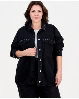 And Now This Trendy Plus Size Grommet Denim Shirt - Black